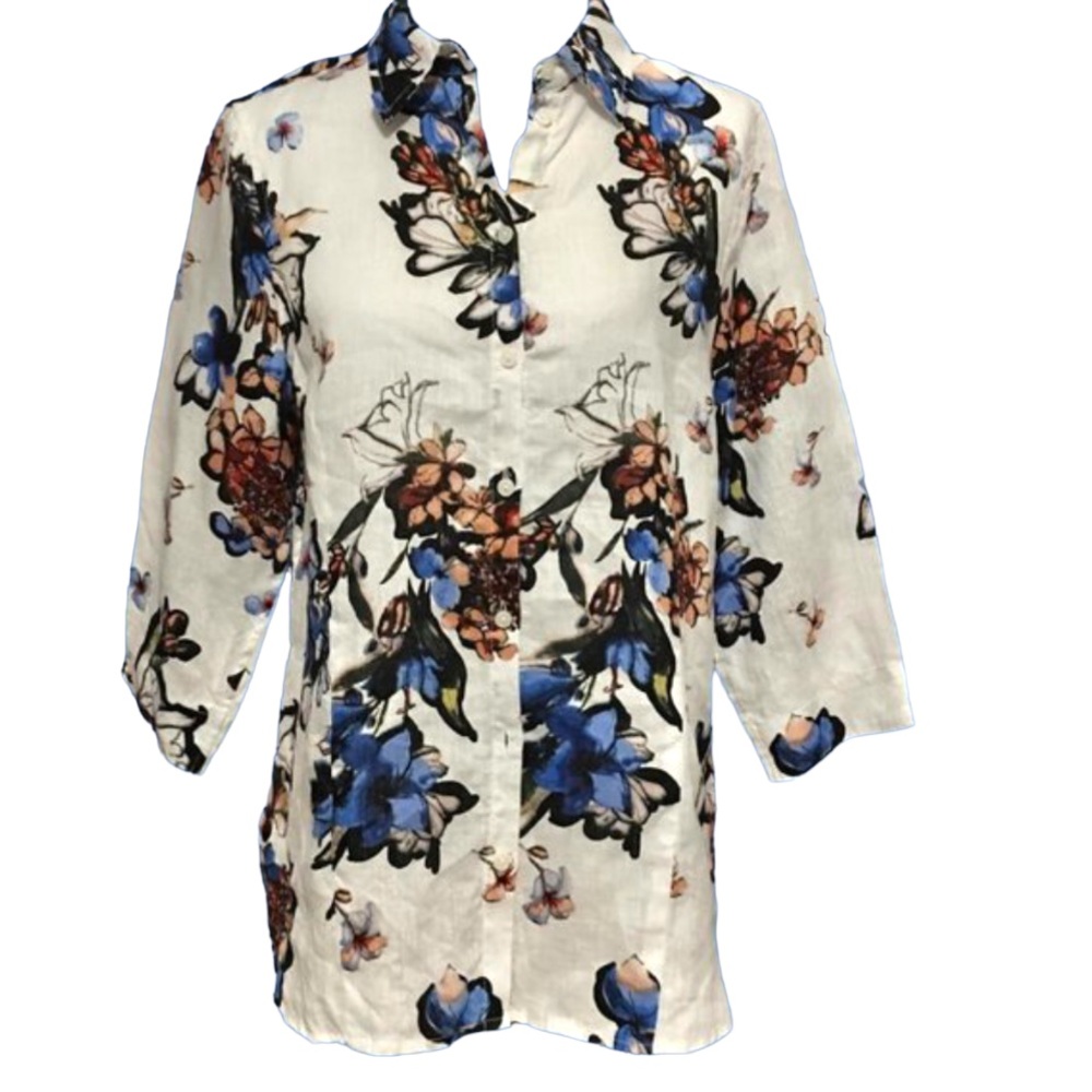 Floral Button Down Shirt - Blue and White